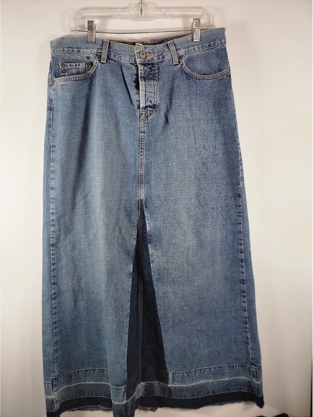 Vintage 2001 Y2K Lucky Brand distressed contrast button fly denim maxi skirt